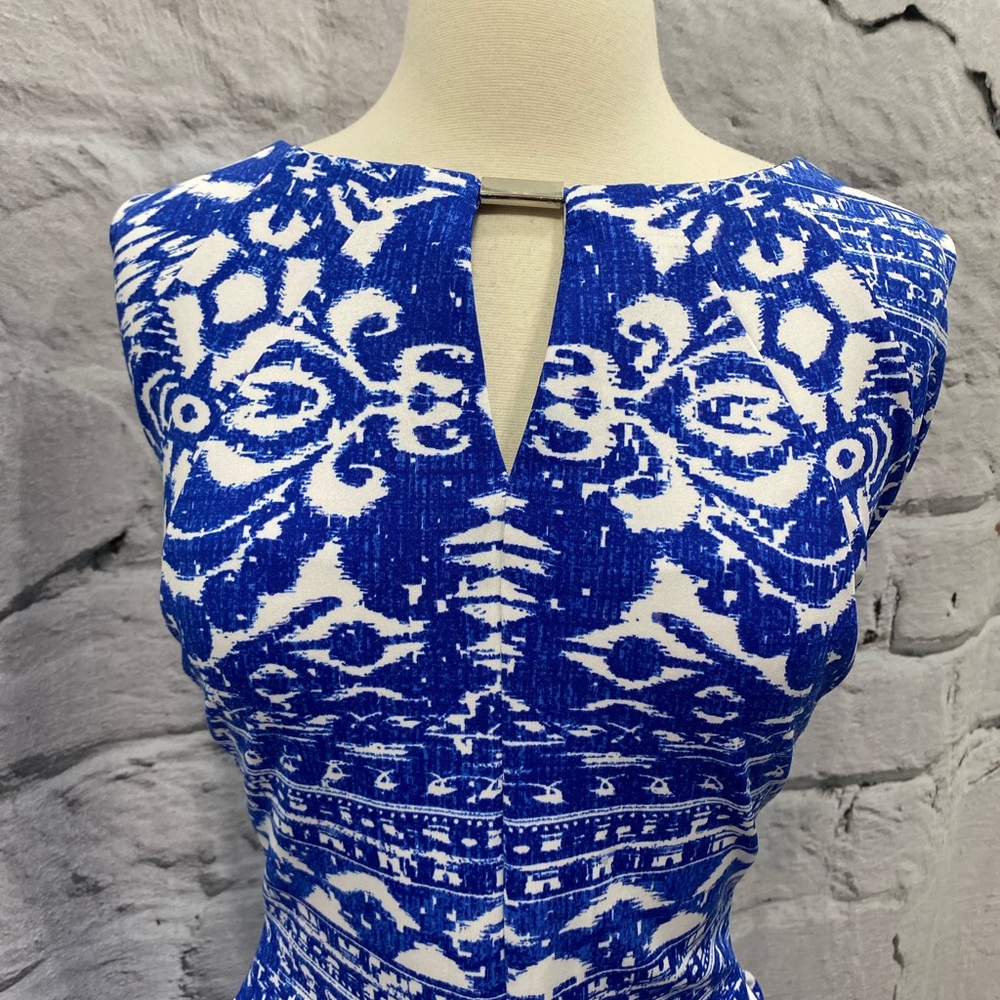 Danny & Nicole Ikat Damask Cobalt Blue White Sheath Dress - Picture 4 of 5